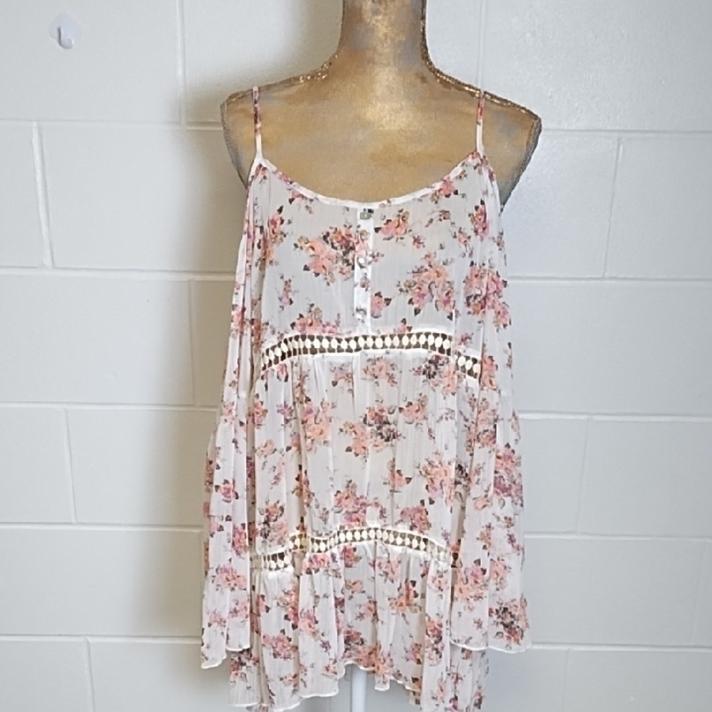 Sheer Floral Tiered Spaghetti Strap Top Bell Sleeves